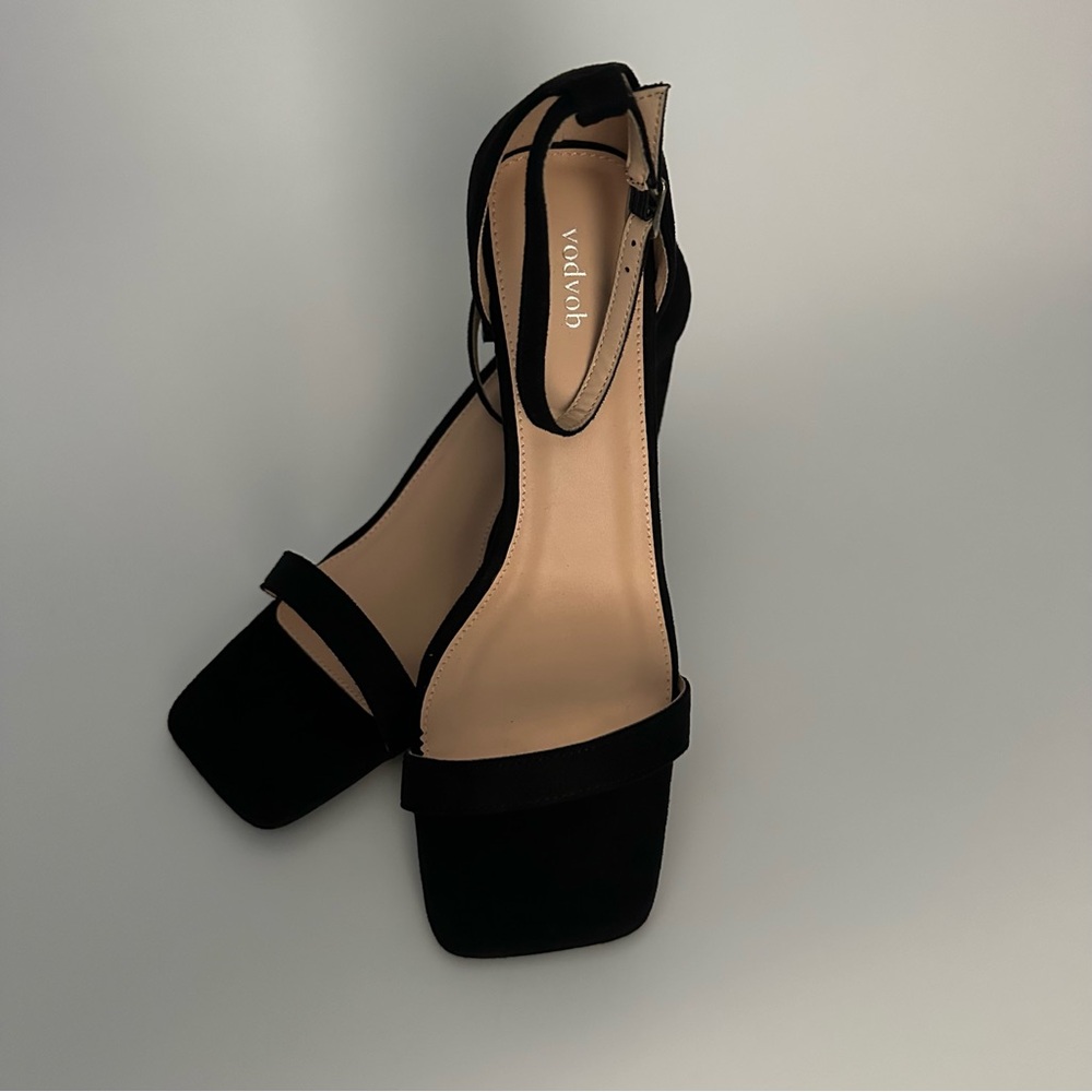 vodvob Women's Chunky High Heel Sandals Buckle Ankle Strap Black Size 8